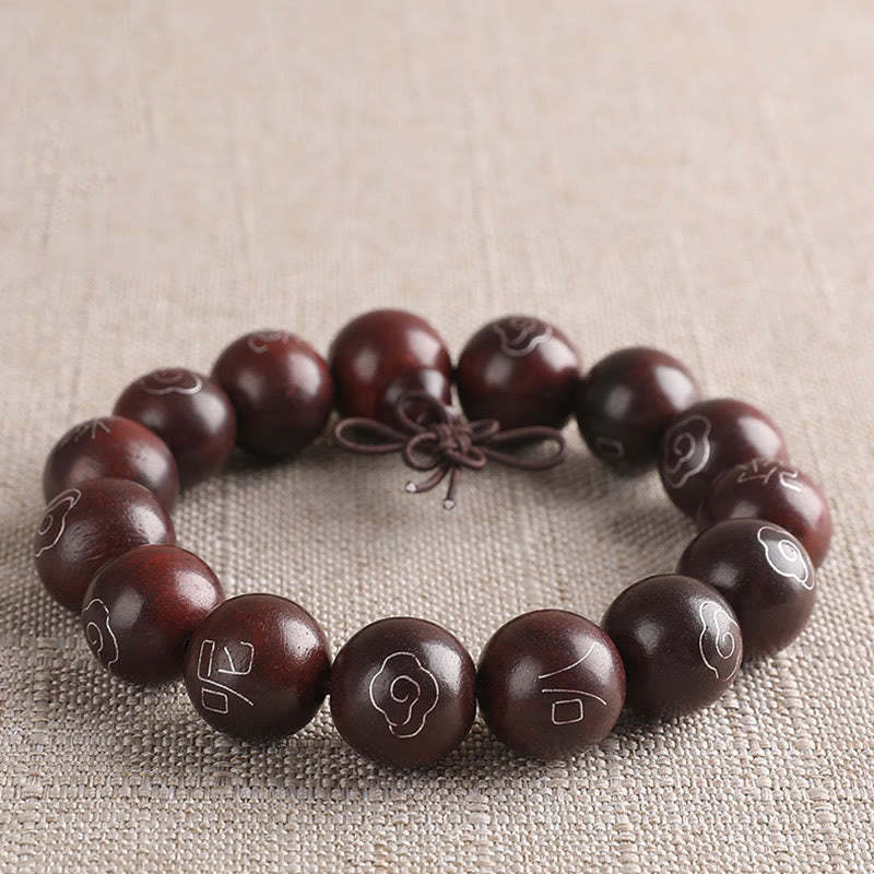 925 Sterling Silver Inlaid Small Leaf Red Sandalwood Om Mani Padme Hum Character Auspicious Clouds Protection Bracelet