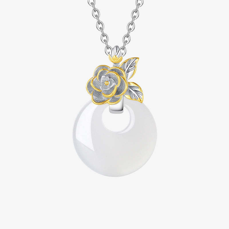 925 Sterling Silver Round Chalcedony Twelve Months Flower Harmony Necklace Pendant