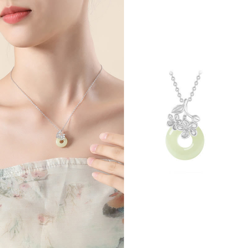 Hetian Jade 999 Sterling Silver Peace Buckle Peach Blossom Necklace Pendant