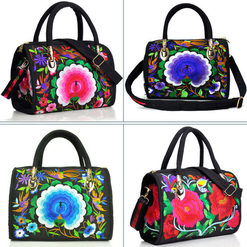 Money Tree Peony Camellia Double-Sided Embroidery Canvas Shopping Purse Handbag Crossbody Bag
