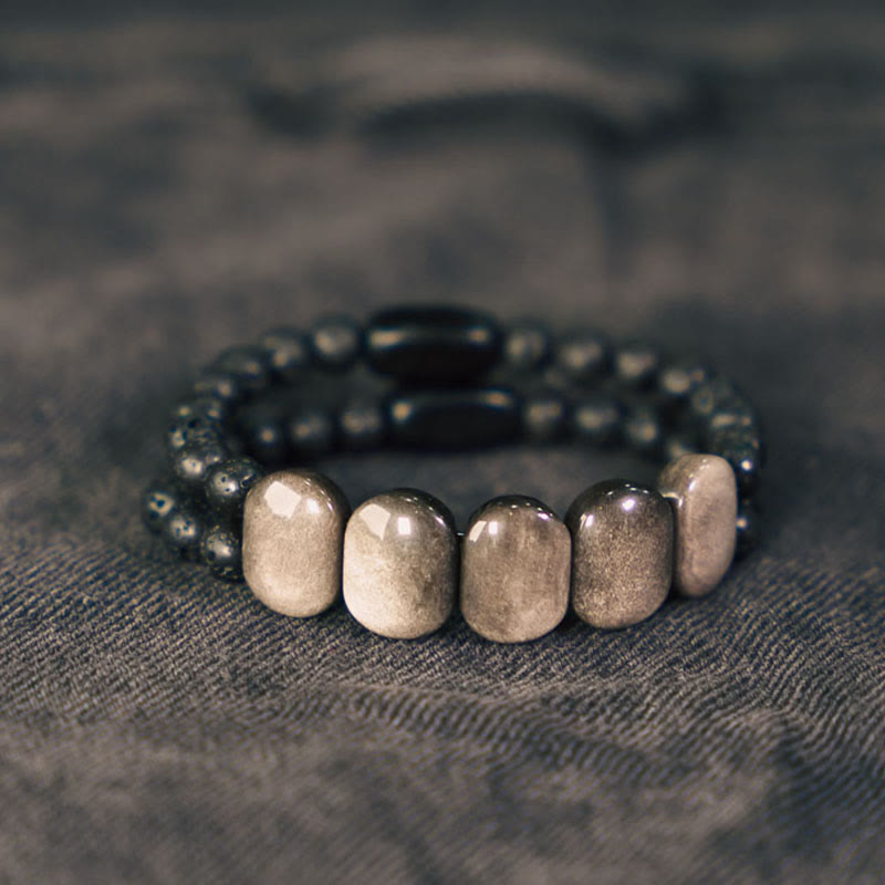 Natural Silver Sheen Obsidian Lava Rock Communication Bracelet