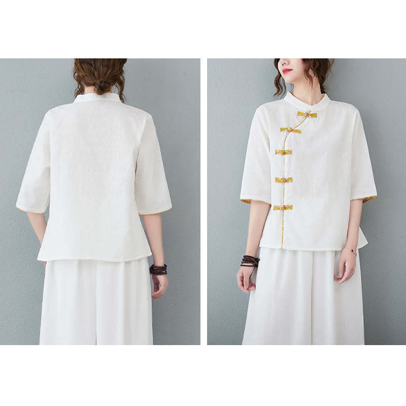 Floral Pattern Frog-Button Half Sleeve Cotton Linen Shirt