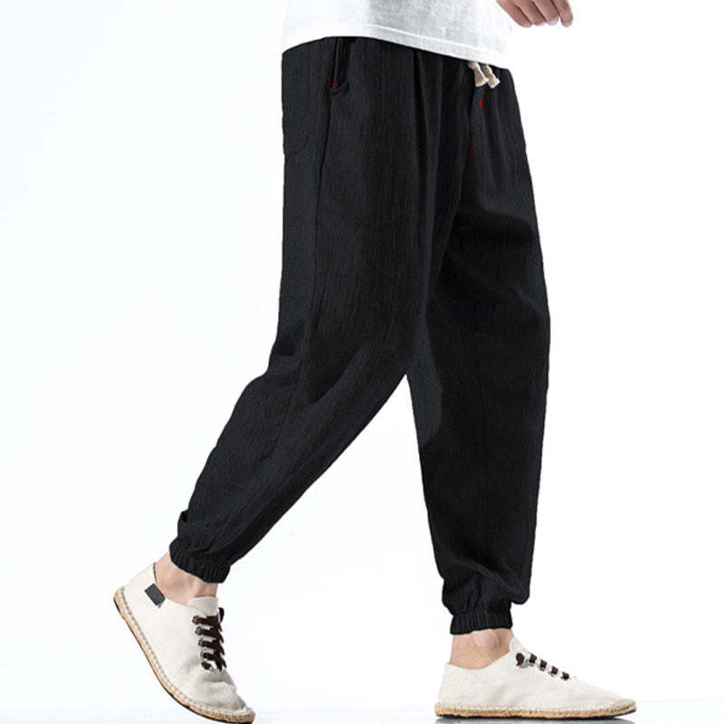 Casual Solid Color Drawstring Linen Men's Pants With Pockets