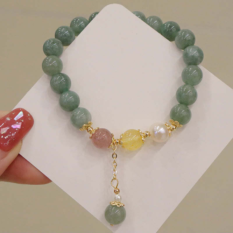 Jade Pearl Strawberry Quartz Abundance Luck Bead Charm Bracelet