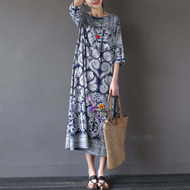 Blue White Flower Printed Button Midi Dress Three Quarter Sleeve Cotton Linen Dress With Pockets