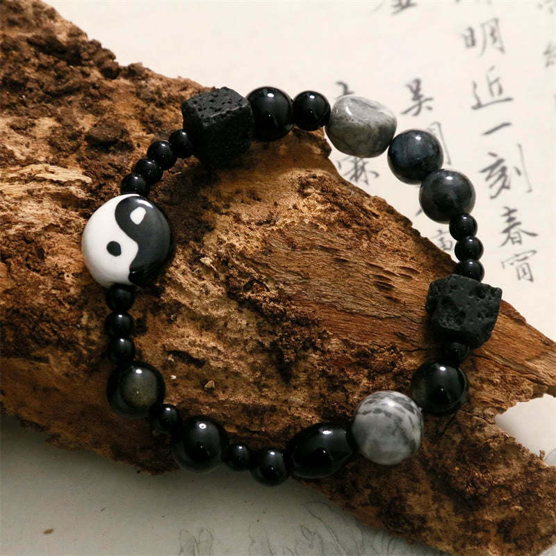 Black Onyx Picasso Jasper Bead Yin Yang Fortune Protection Bracelet
