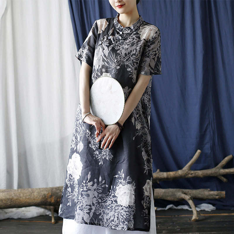 Ramie Linen Blue Flowers Leaves Cheongsam Dresses Short Sleeve Dress