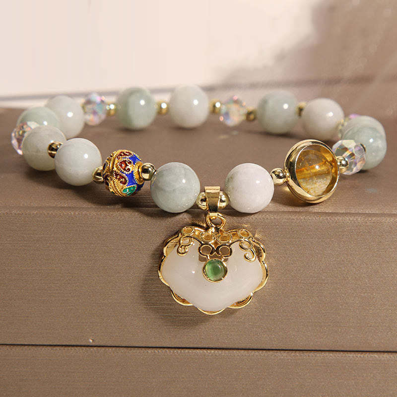 Strawberry Quartz Green Crystal Amethyst Healing Chinese Lock Charm Bracelet