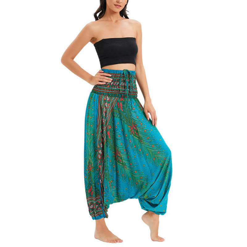 Two Style Wear Peacock Feather Loose Smocked Harem Trousers Jumpsuit High Waist Pants