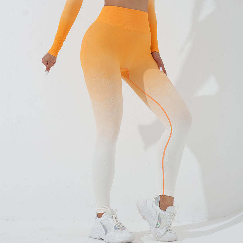Gradient Long Sleeve Crop Top Tee Bra Leggings Pants Fitness Yoga Outfit