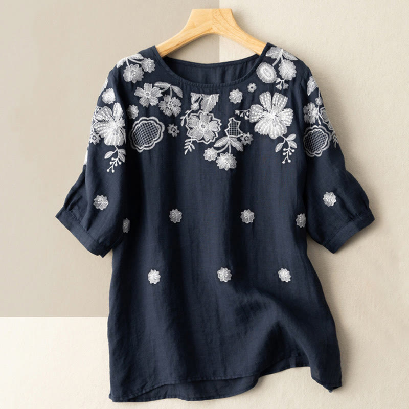 Casual Embroidered Petals Women's Crew Neck Design Half Sleeve Cotton T-Shirt