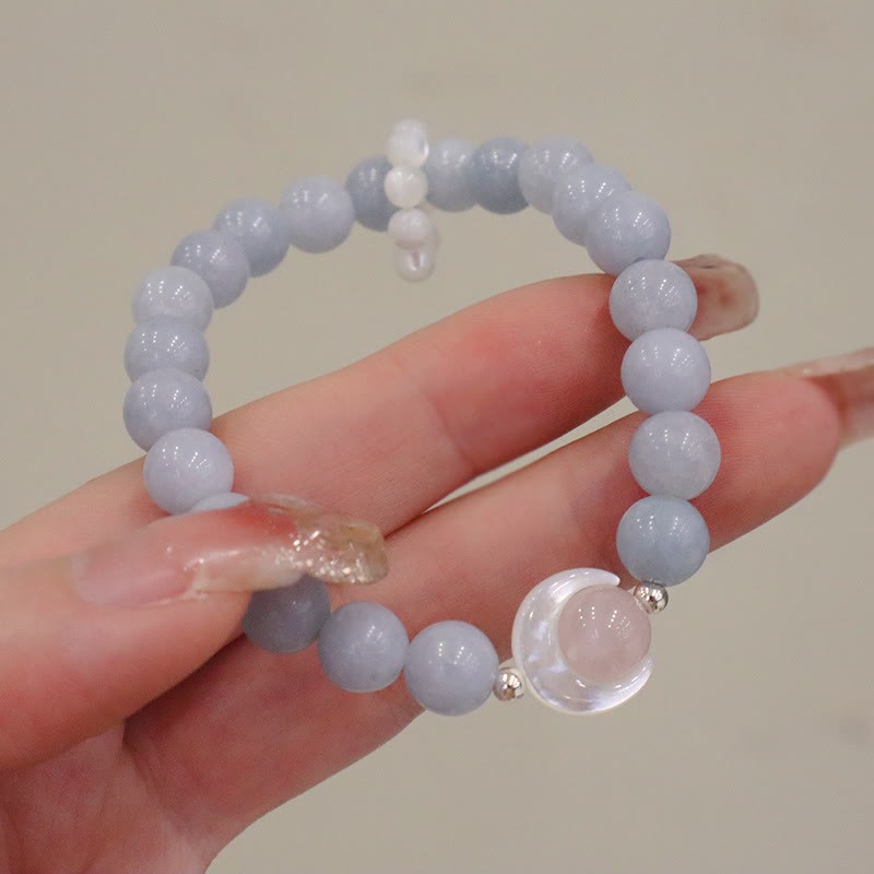 925 Sterling Silver Natural Amethyst Aquamarine Pink Crystal Cat's Eye Healing Crescent Moon Bracelet