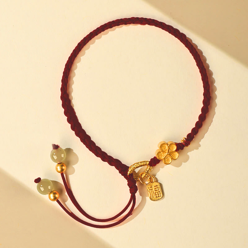 Hetian Jade Small Peach Blossom Fu Character Charm Luck String Bracelet