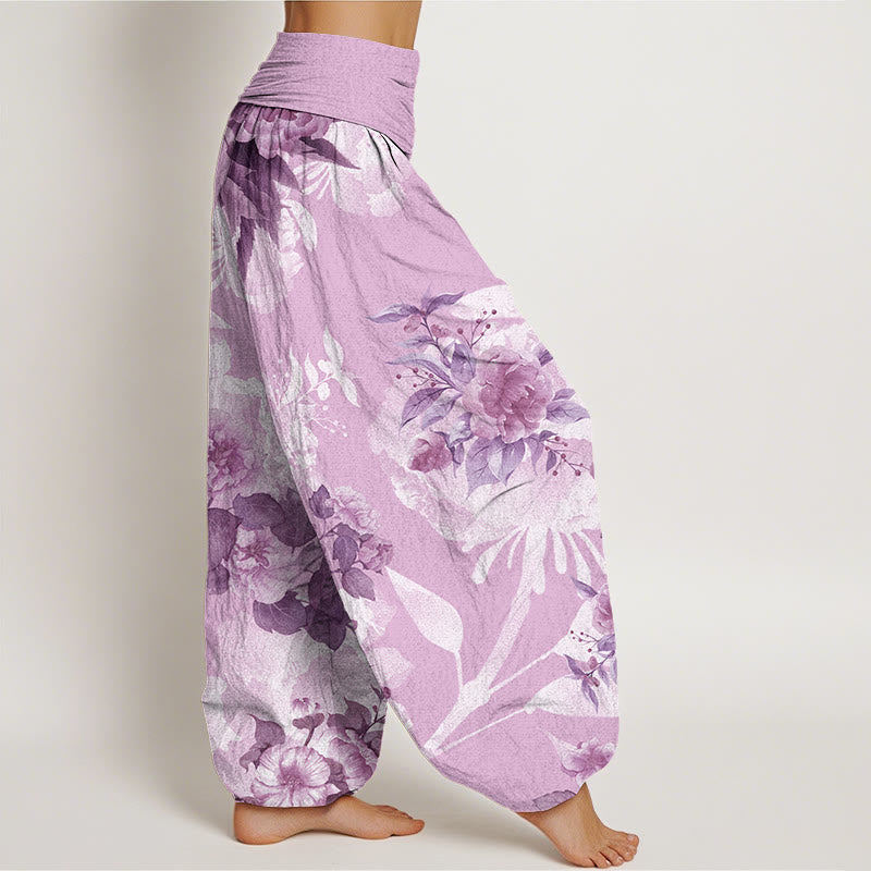Flowers White Leaves Women's Elastic Waist Harem Pants