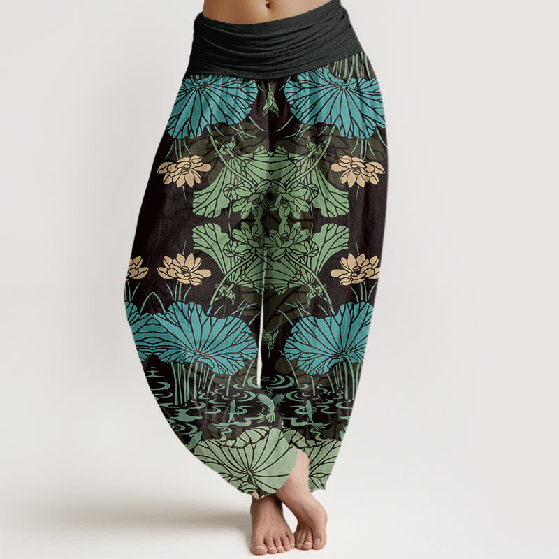 Lotus Leaves Flowers Design Women's Elastic Waist Harem Pants