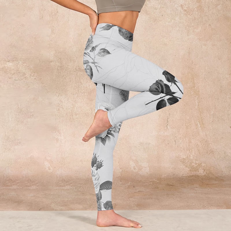 Black White Rose Gym Leggings Women's Yoga Pants