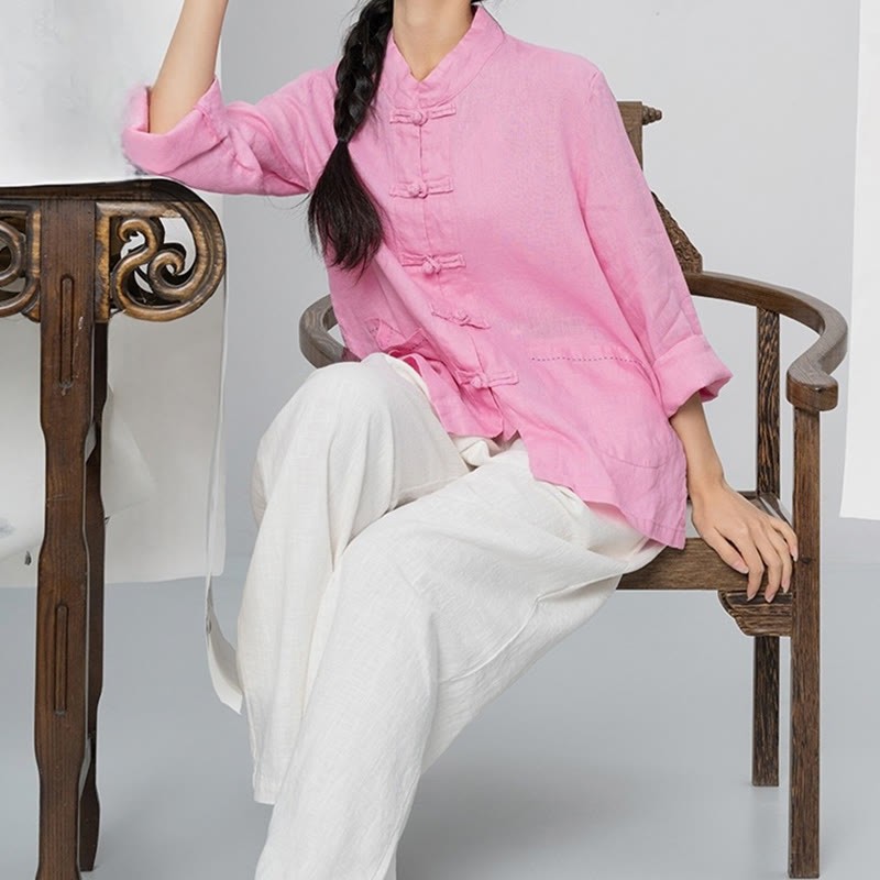 Solid Color Frog-button Long Sleeve Linen Women's Shirts With Pockets