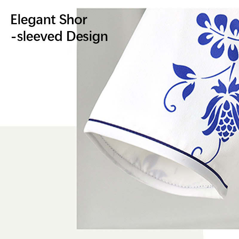 Blue And White Porcelain Color Peony Flower Pattern Cheongsam Dress Women's Qipao Dress