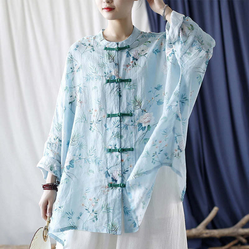 Light Green Pink Flowers Green Leaves Frog-Button Long Sleeve Ramie Linen Jacket Shirt