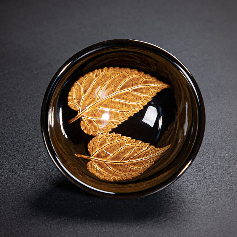 Gold Maple Leaf Chinese Jianzhan Ceramic Teacup Tenmoku Kung Fu Tea Cup Bowl