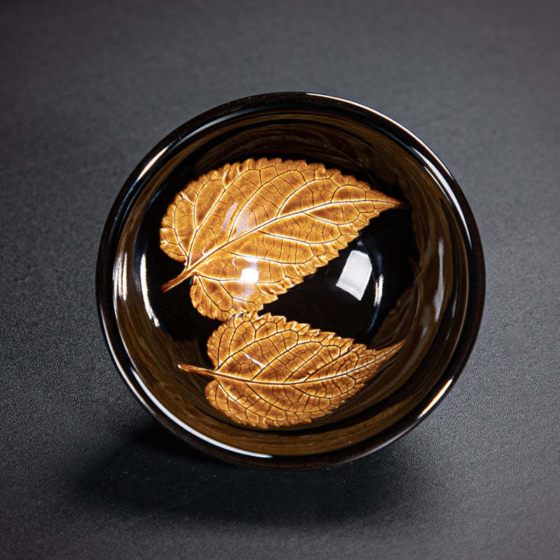 Gold Maple Leaf Chinese Jianzhan Ceramic Teacup Tenmoku Kung Fu Tea Cup Bowl