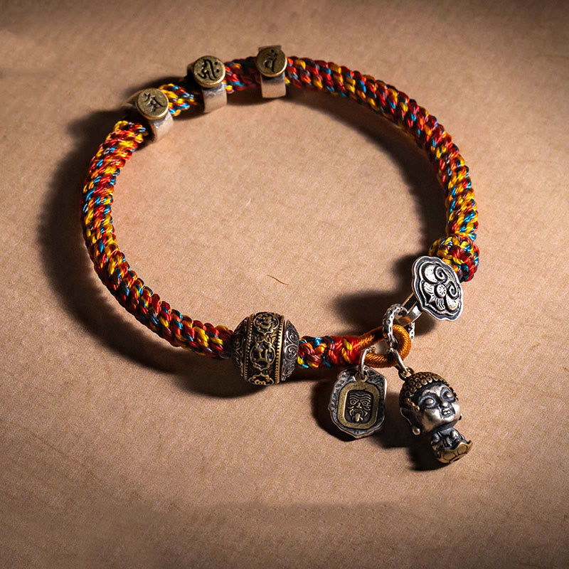 Handmade Tibetan 925 Sterling Silver Chinese Zodiac Natal mystic zen Zakiram Goddess of Wealth Protection Multicolored Rope Braided Bracelet