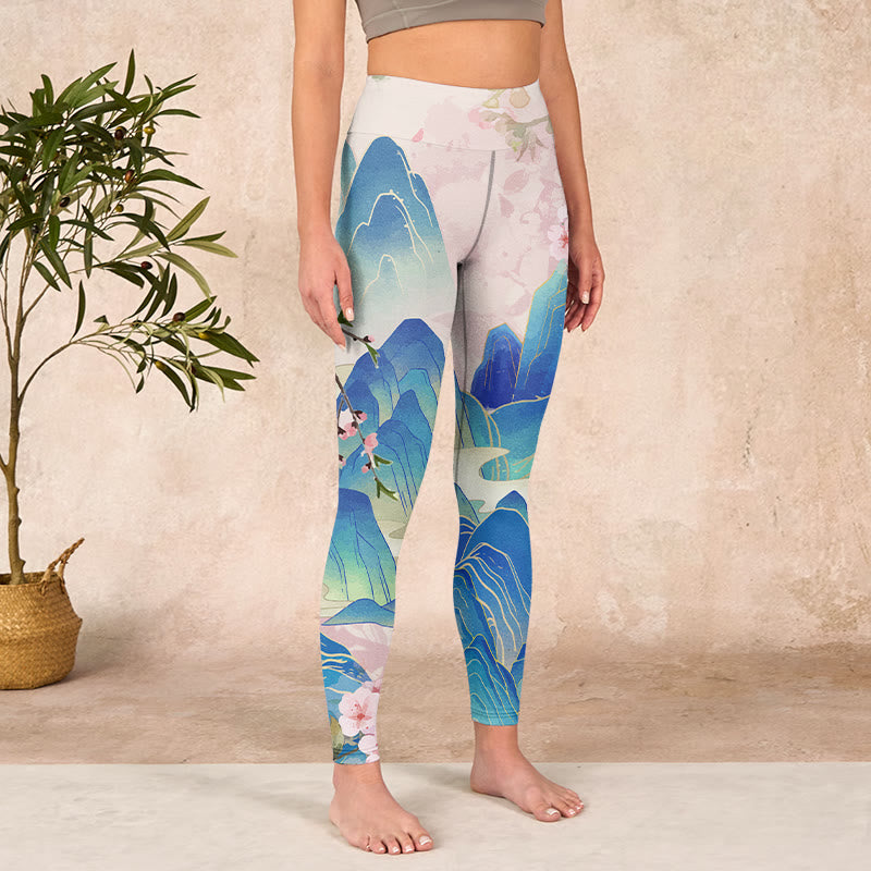 Plum Blossoms Mountains Print Gym Leggings Women's Yoga Pants