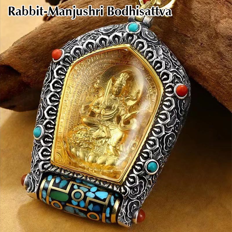 Tibet Chinese Zodiac Natal mystic zen Thangka Prosperity Rotatable Dzi Bead Necklace Pendant
