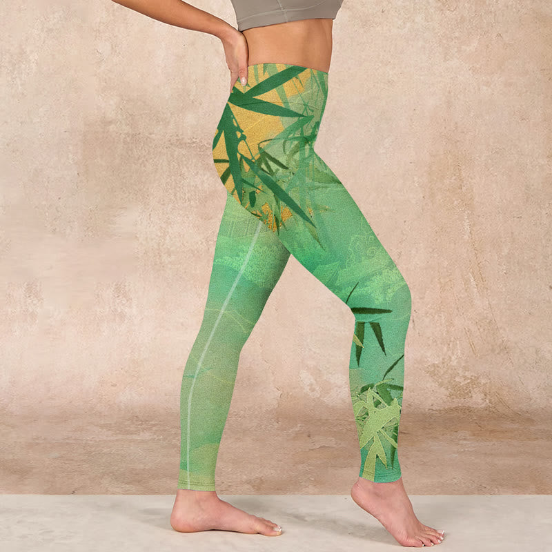 Green Bamboo Pavilion Print Gym Leggings Women's Yoga Pants