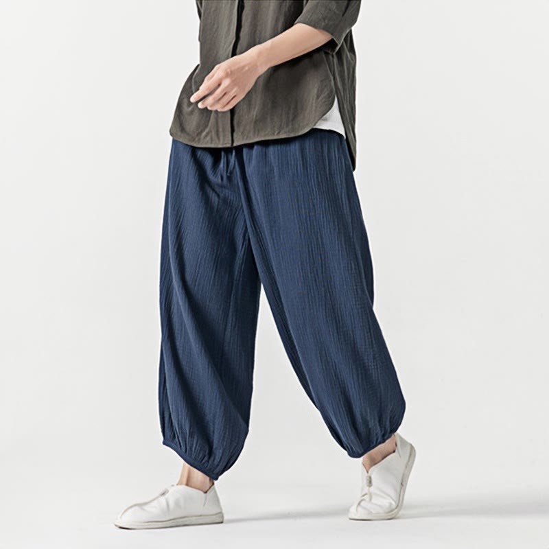 Soft Solid Color Drawstring Cotton Men's Pants With Pockets