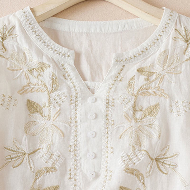 Casual Embroidery Plants Women's V-Neck Design Half Sleeve Cotton Blended Shirt