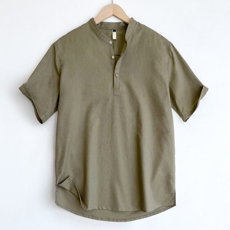 Solid Color Men Short Sleeve Button Linen Shirt
