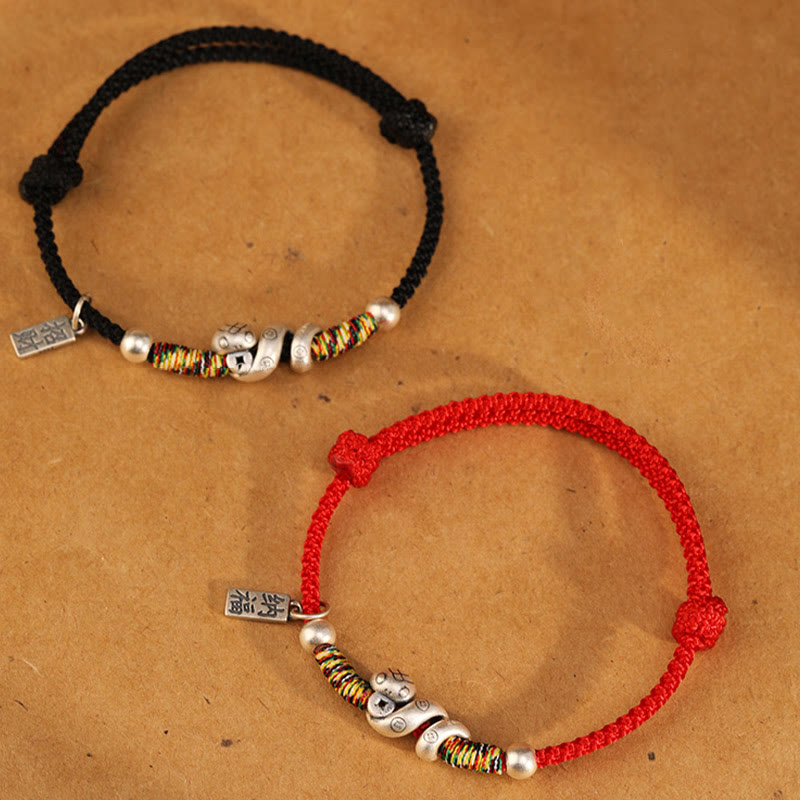 999 Sterling Silver Year of the Snake Handmade Lucky Fortune Fu Character Copper Coin Blessing Bracelet