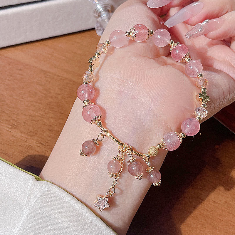 Natural Strawberry Quartz Four Leaf Clover Star Positive Bracelet