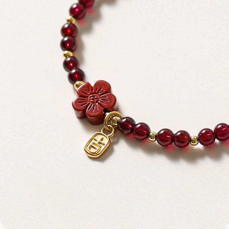 14K Gold Natural Garnet Cinnabar Flower Calm Bracelet