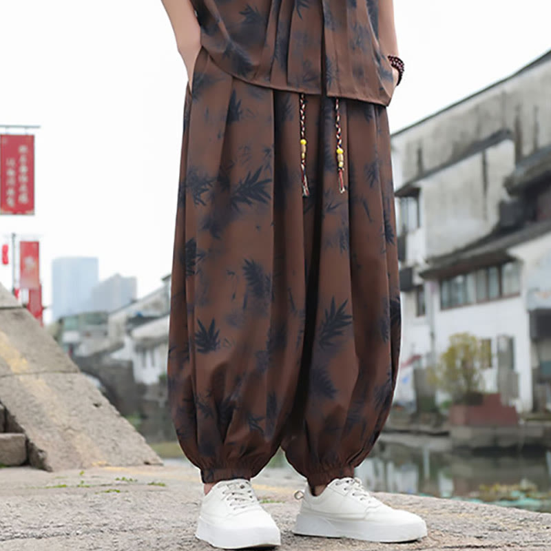 Bamboo Leaves Pattern Loose Men's Harem Pants With Pockets