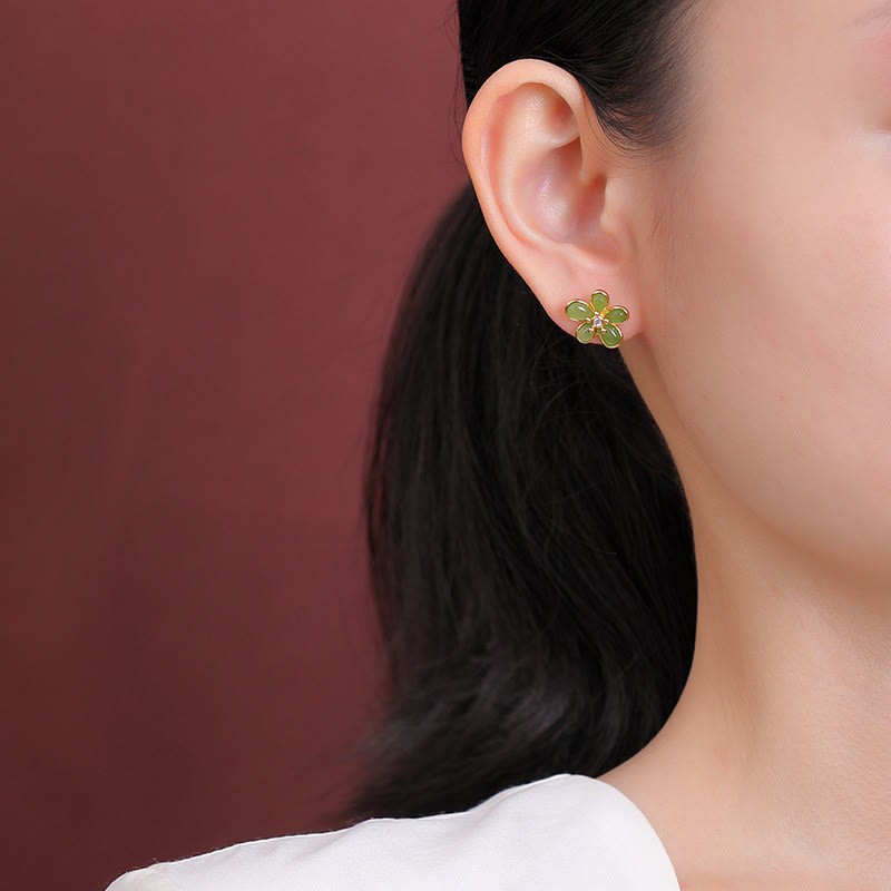 925 Sterling Silver Hetian Jade Flower Design Abundance Luck Earrings