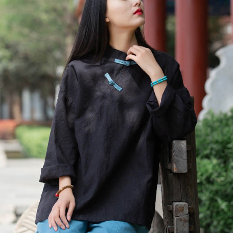 Ramie Linen Loose Blouse Women Long Sleeve Shirt Chinese Hanfu Top