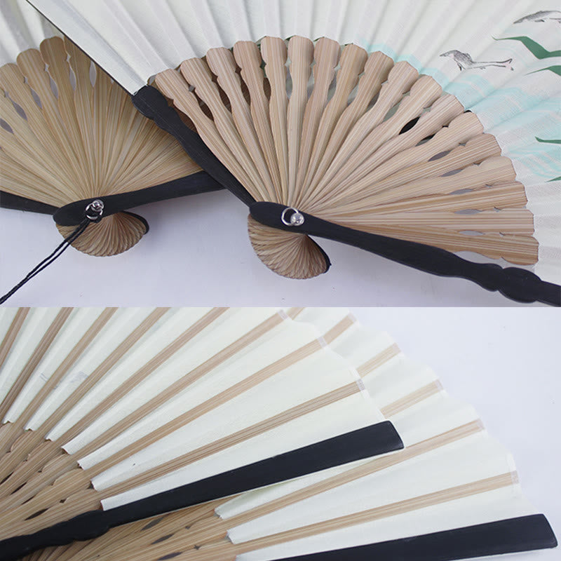 Bamboo Koi Fish Crane Handheld Cotton Linen Folding Fan