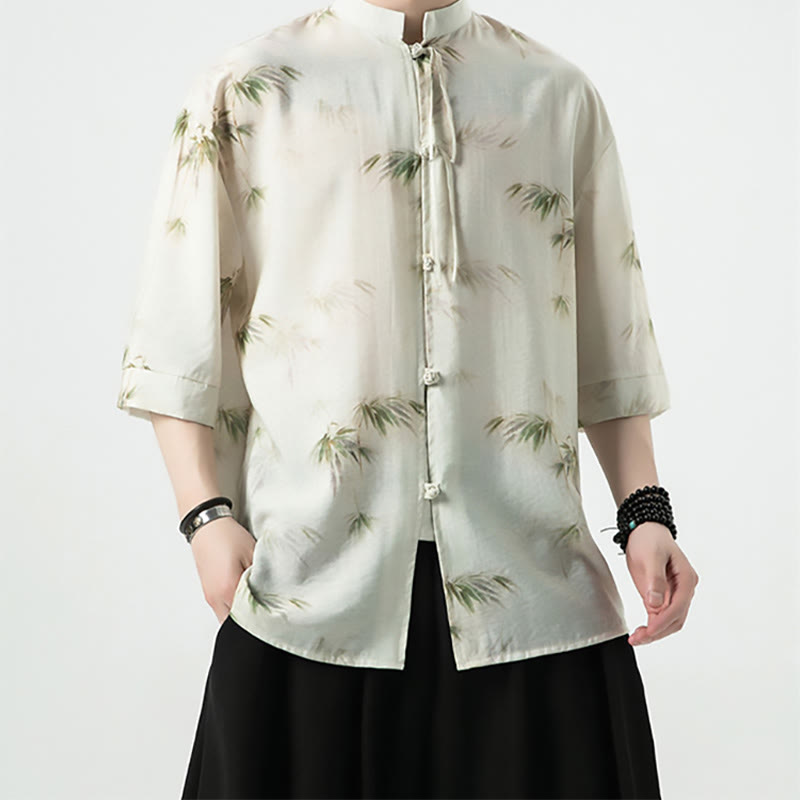 Green Yellow Bamboo Leaves Print Half Sleeve Shirt Men's T-shirt