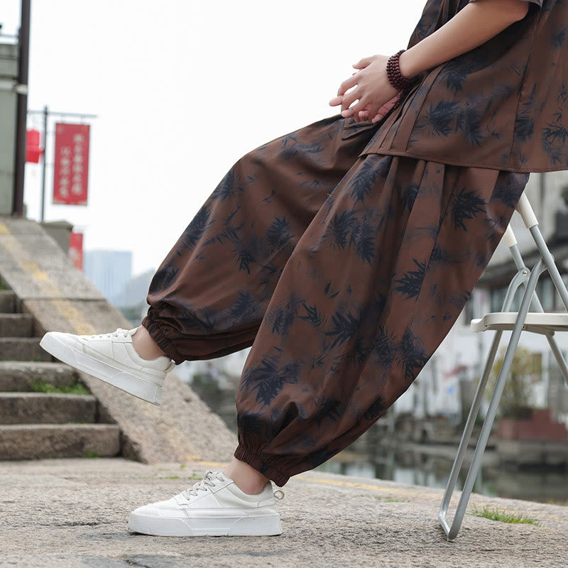 Bamboo Leaves Pattern Loose Men's Harem Pants With Pockets