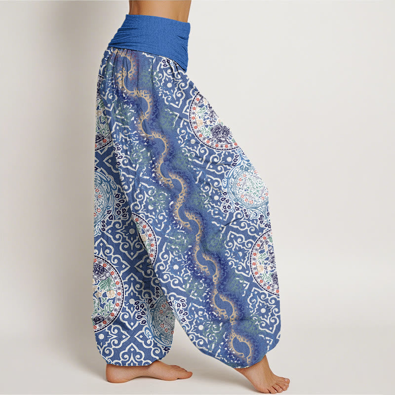 Round Diamond Shape Chinese Floral Design Women's Elastic Waist Harem Pants