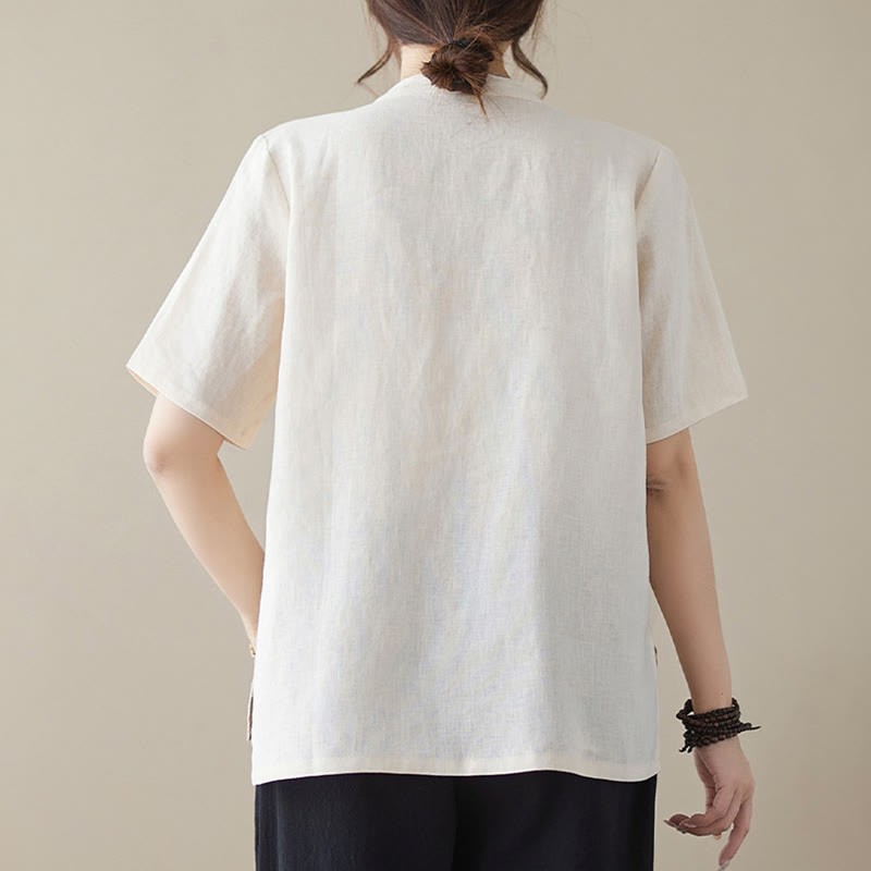 Solid Color Frog-Button Short Sleeve Cotton Linen Shirt