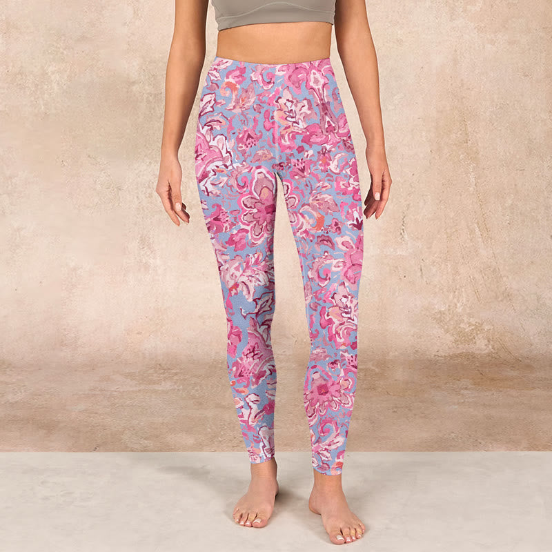 Pink Flowers Print Gym Fitness Leggings Women's Yoga Pants