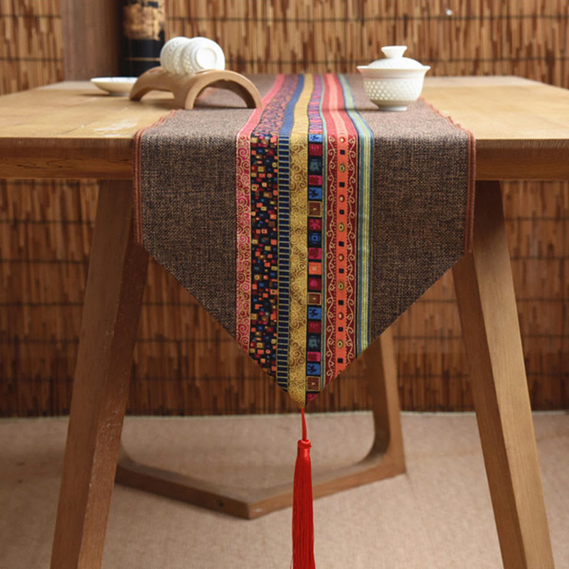 Classic Chinese Style Lotus Koi Fish Flower Crane Calligraphy Enlightenment Cotton Linen Tassels Table Runner