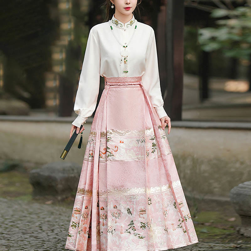 Chinese Hanfu Pink Peach Garden Printed Horse Face Skirt Mamianqun