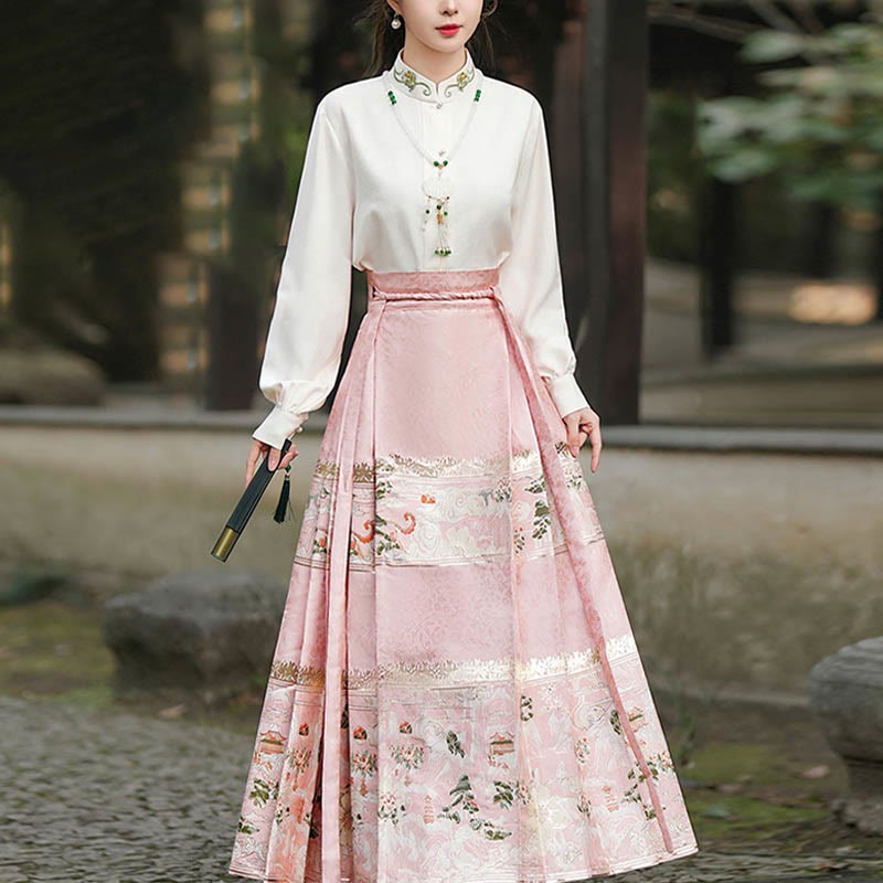 Chinese Hanfu Pink Peach Garden Printed Horse Face Skirt Mamianqun