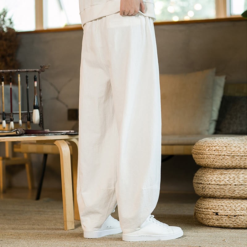 Solid Color Cotton Linen Drawstring Men's Harem Pants With Pockets