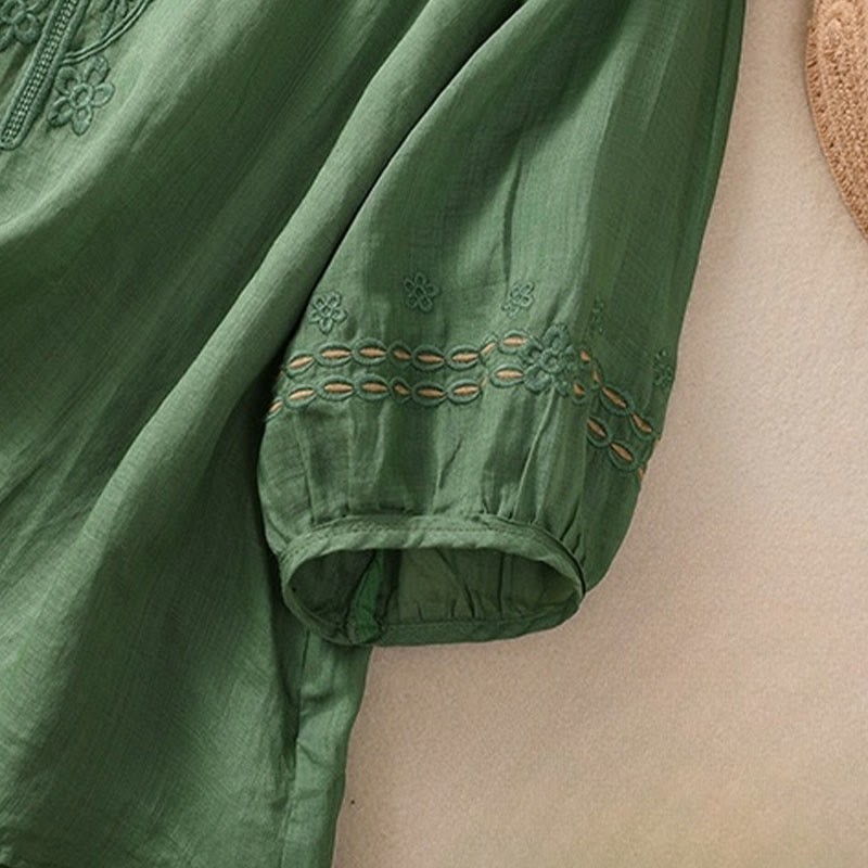 Artistic Plain Floral Embroidered Design Crew Neck Puff Half Sleeve Cotton Linen Women's T-Shirt