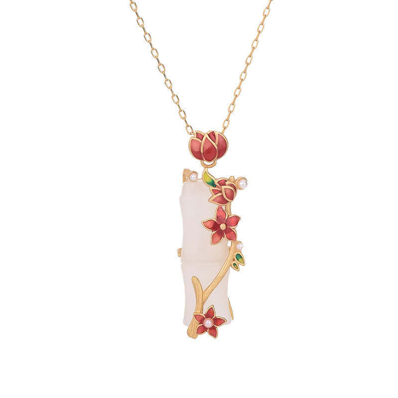 White Jade Bamboo Lotus Flowers Luck Protection Necklace Pendant